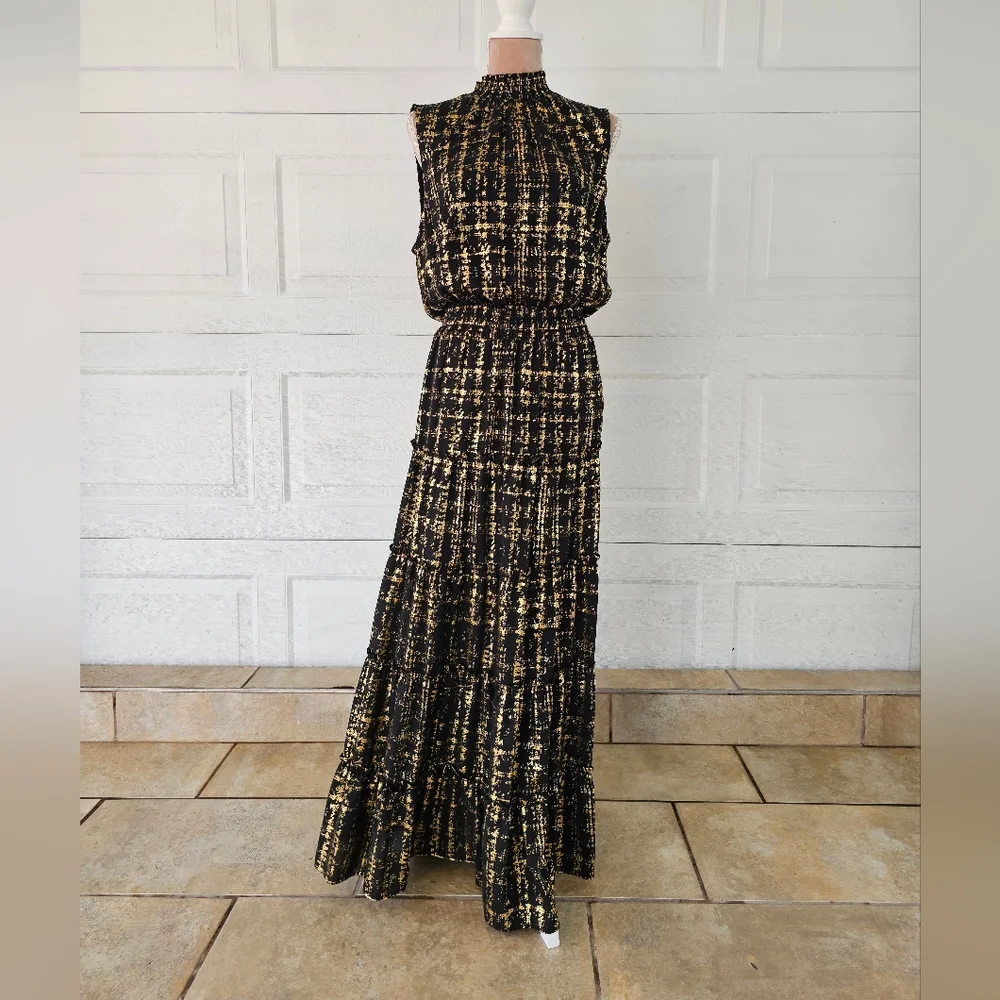 MSK XL Metallic Gold Black Maxi Dress | Boho Glam Tiered Skirt | Holiday Party
